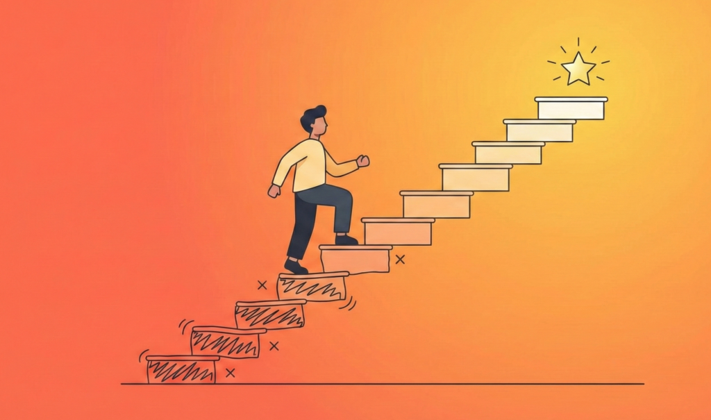 Illustration of a man climbing a staircase toward a star at the top, symbolizing growth, progress, and achieving success through steady steps.